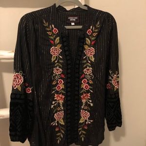 New black Johnny Was blouse with gold filigree, velvet, and embroidery